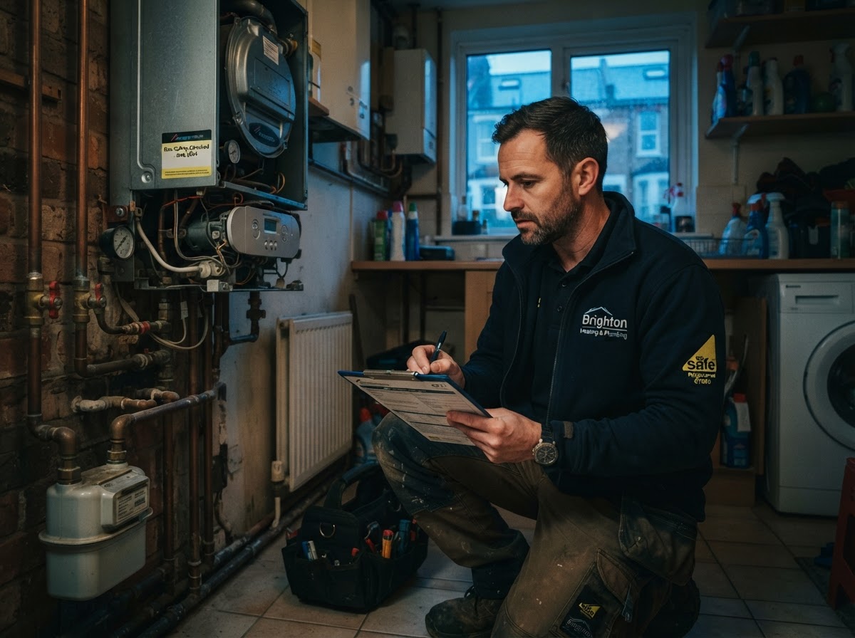 Gas Safe engineer carrying out a landlord gas safety check on a boiler in Brighton