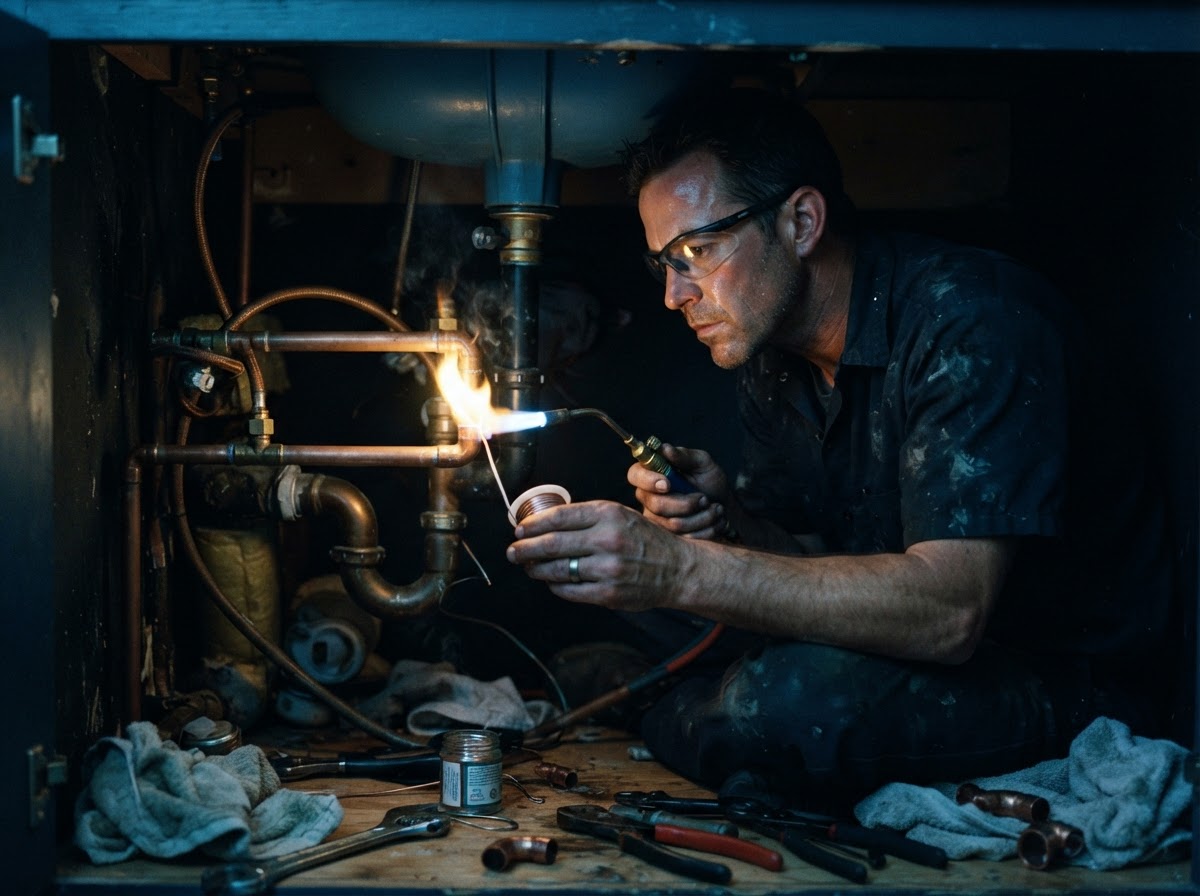 Plumber soldering copper pipework under a sink during a plumbing repair in Hove