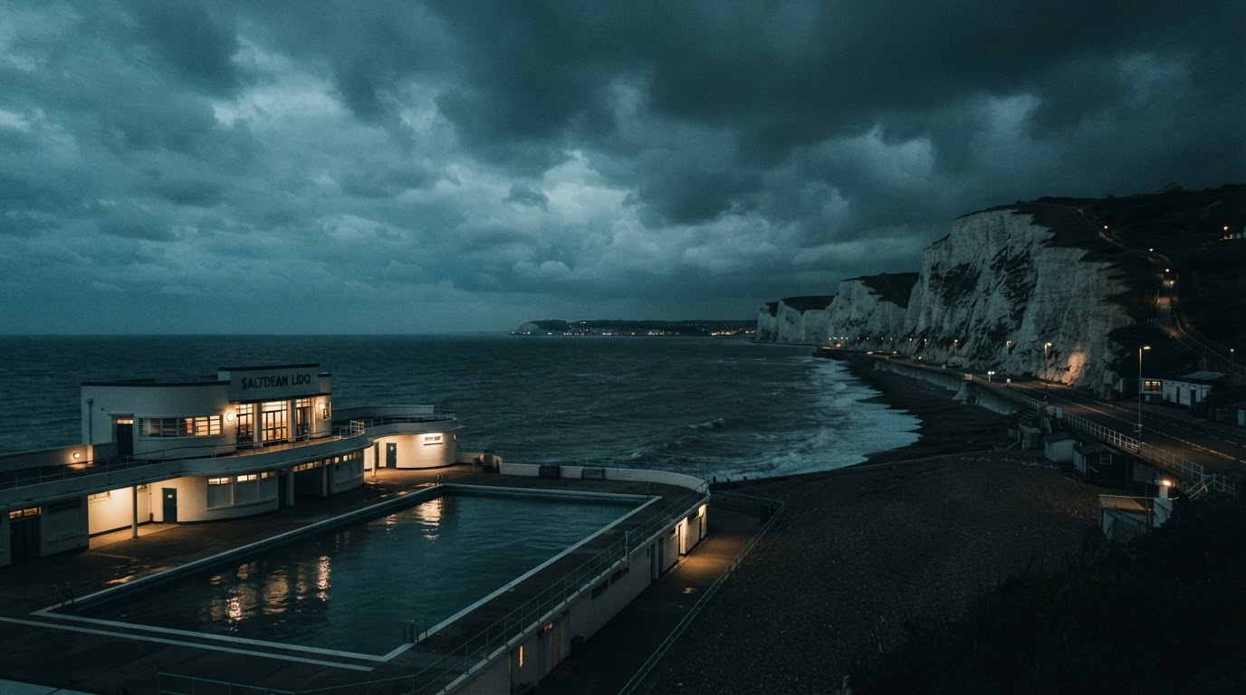 Saltdean Lido and white chalk cliffs at dusk on the Sussex coast
