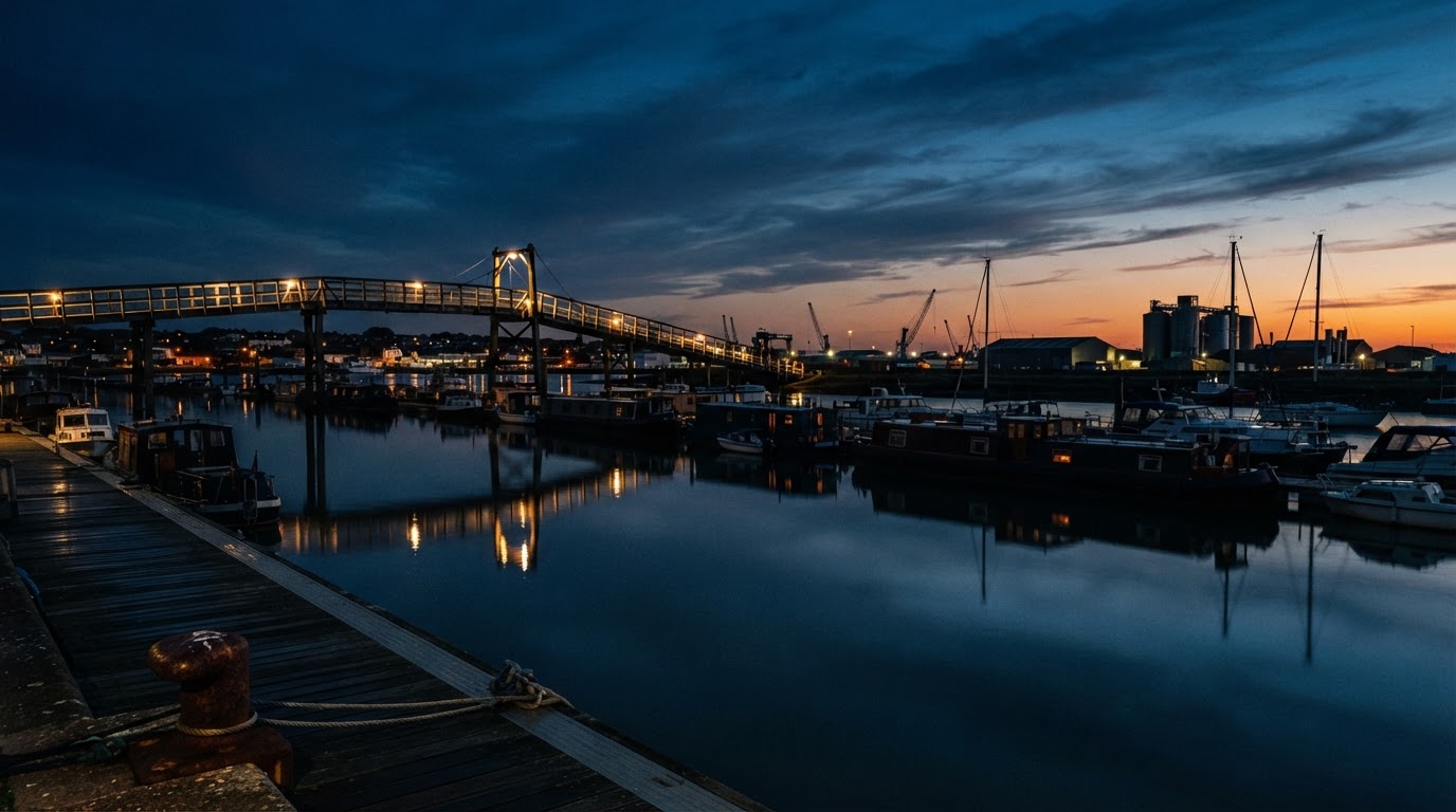 Shoreham-by-Sea harbour and footbridge over the River Adur at dusk