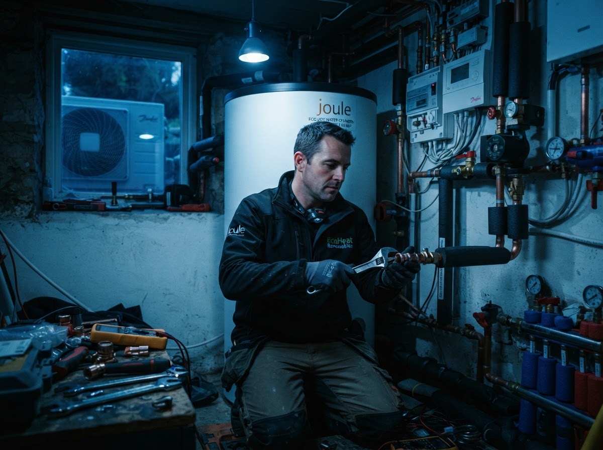Heating engineer connecting pipework and a hot water cylinder during a heat pump installation in Hove