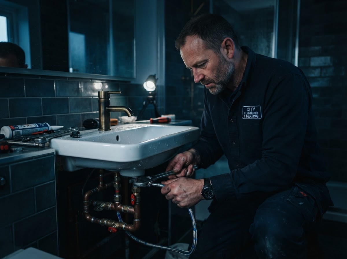 Plumber fitting a new mixer tap on a bathroom sink with copper pipework in Brighton