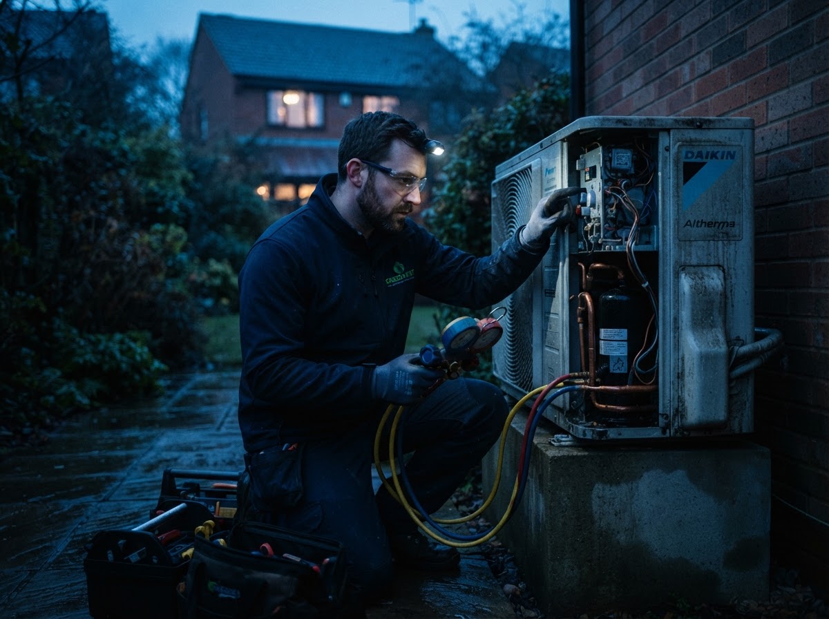 Engineer servicing an air source heat pump outdoor unit and checking controls in Brighton