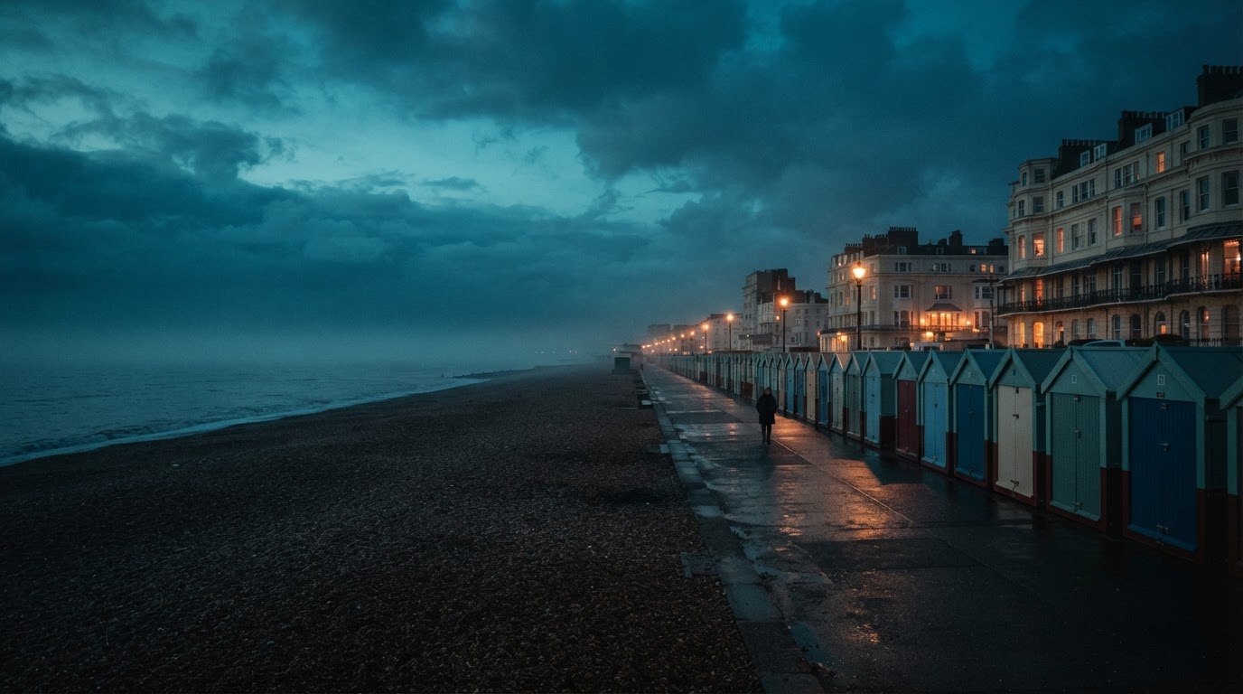 Hove seafront with beach huts and Regency architecture at dusk