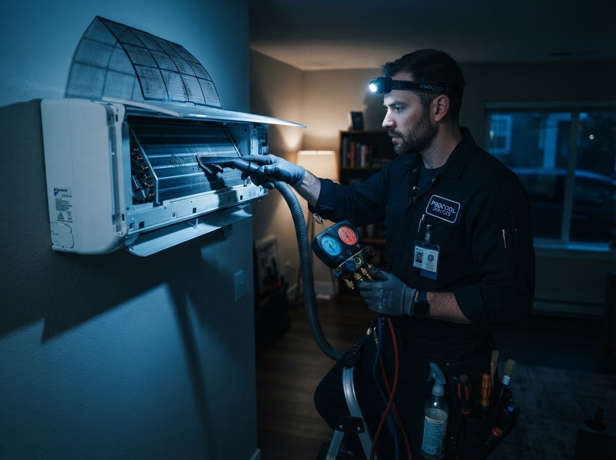 Air conditioning engineer servicing an indoor wall unit and cleaning filters in Brighton