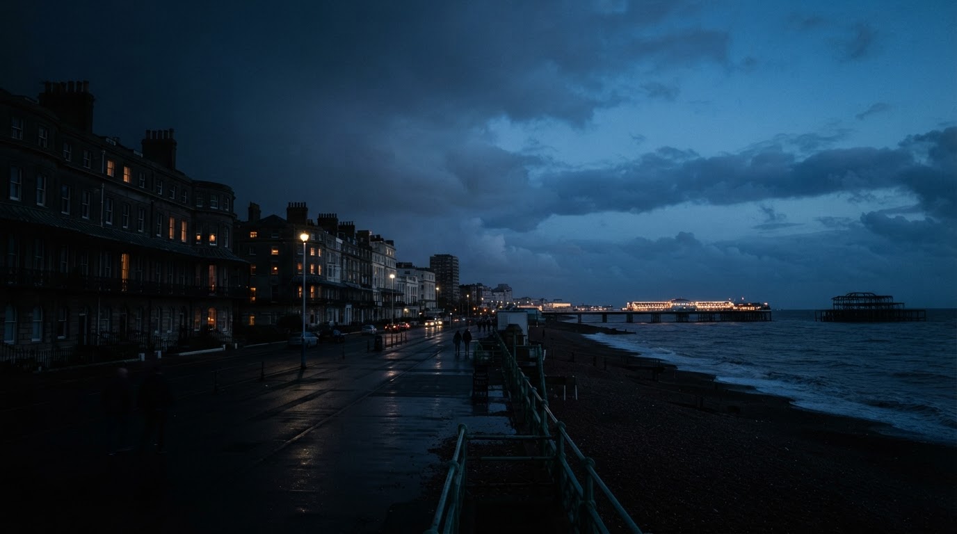 Brighton seafront at dusk with Regency terrace buildings