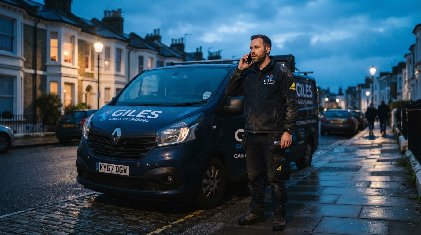Giles Gas & Plumbing engineer on the phone next to his work van at dusk