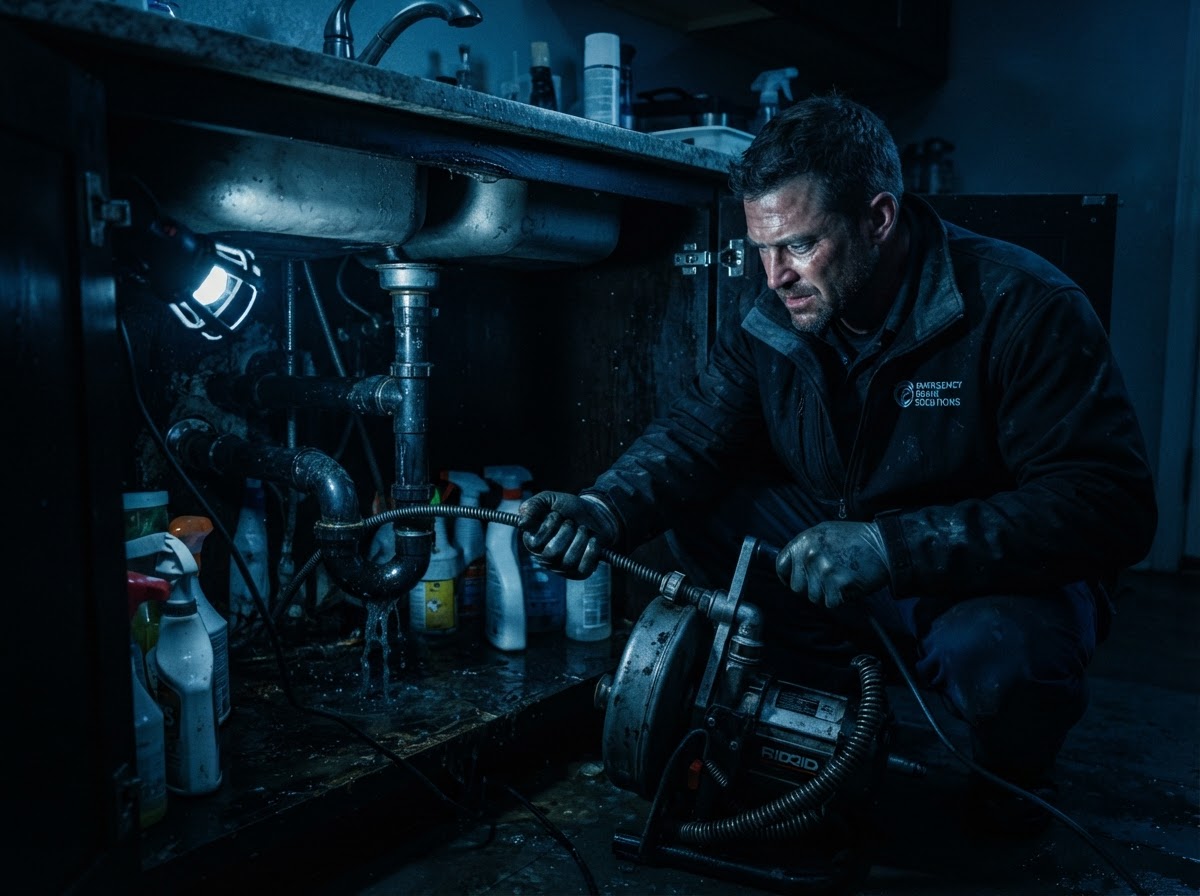 Emergency plumber unblocking a drain under a sink during an urgent callout in Brighton