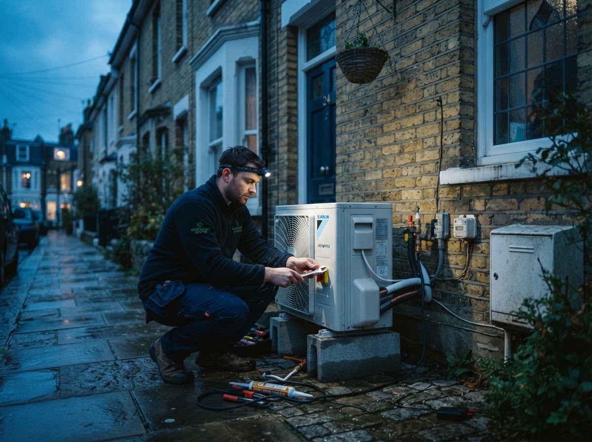 Engineer installing a modern air source heat pump outdoor unit at a Brighton home