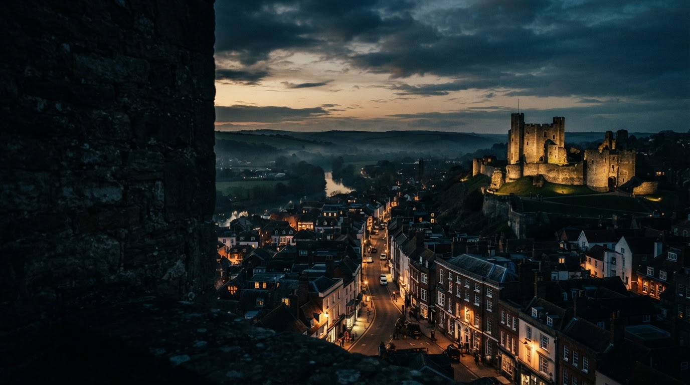 Lewes Castle and High Street at dusk with the Ouse valley beyond