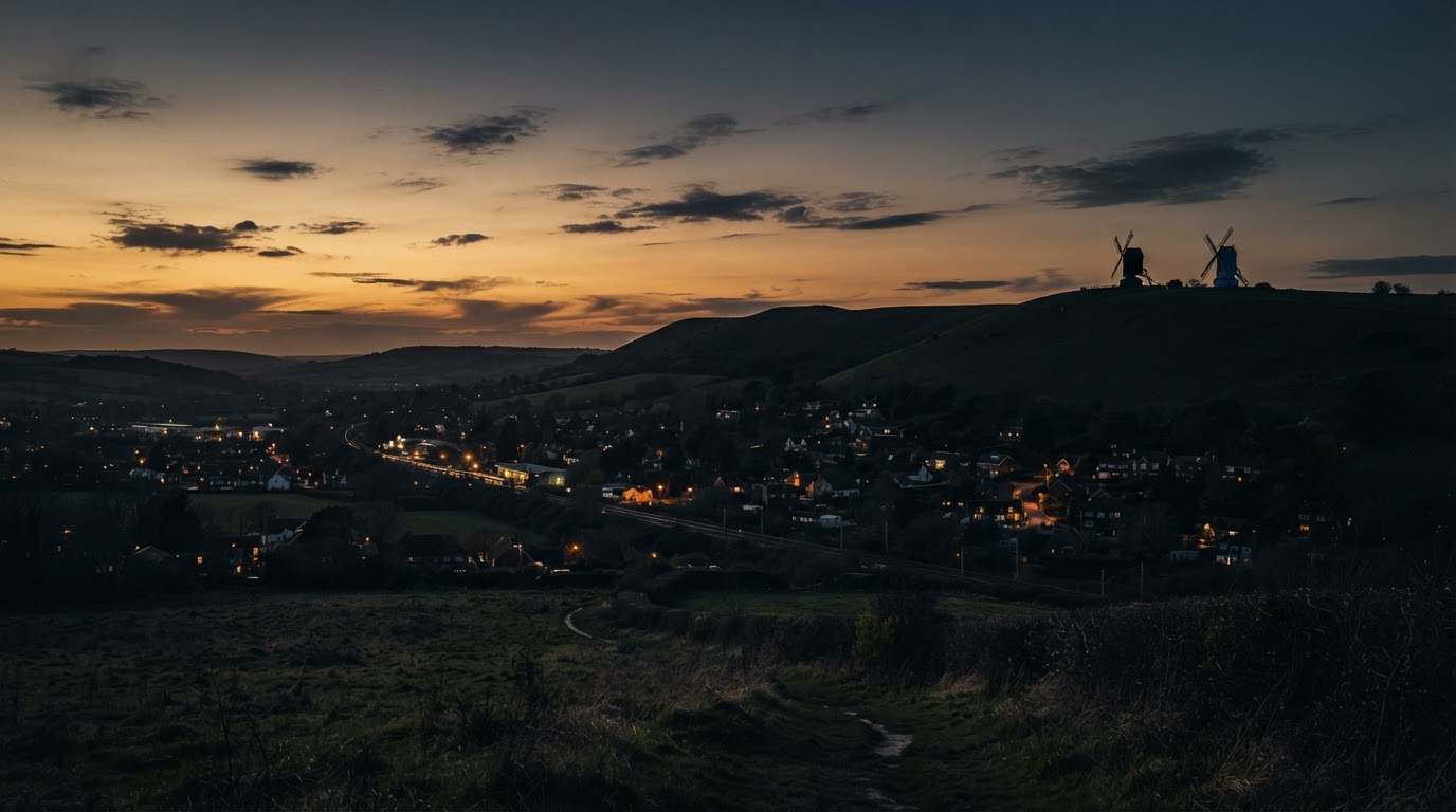 Hassocks village at dusk with the South Downs and windmills silhouetted