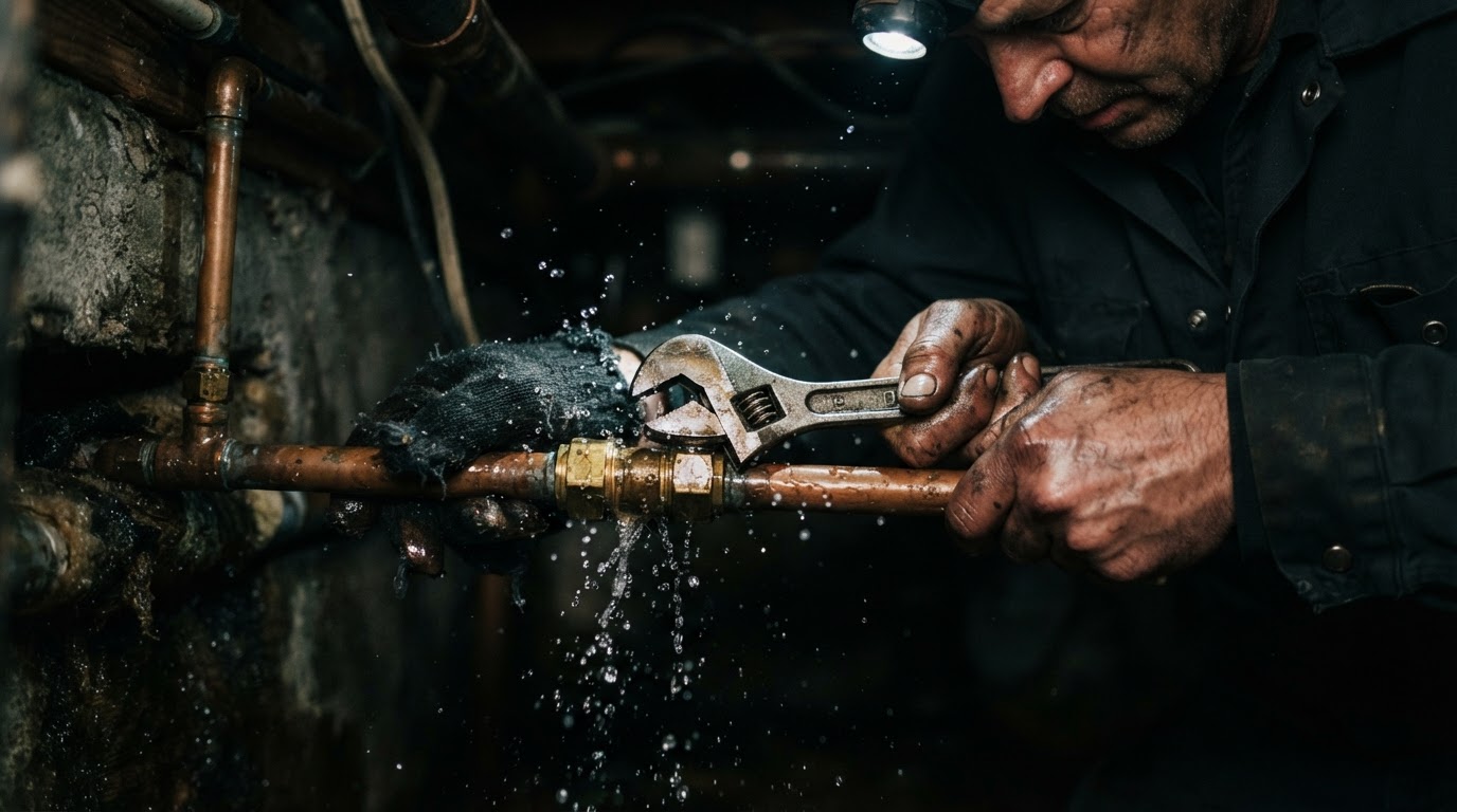 Emergency plumber repairing a leaking pipe in Brighton