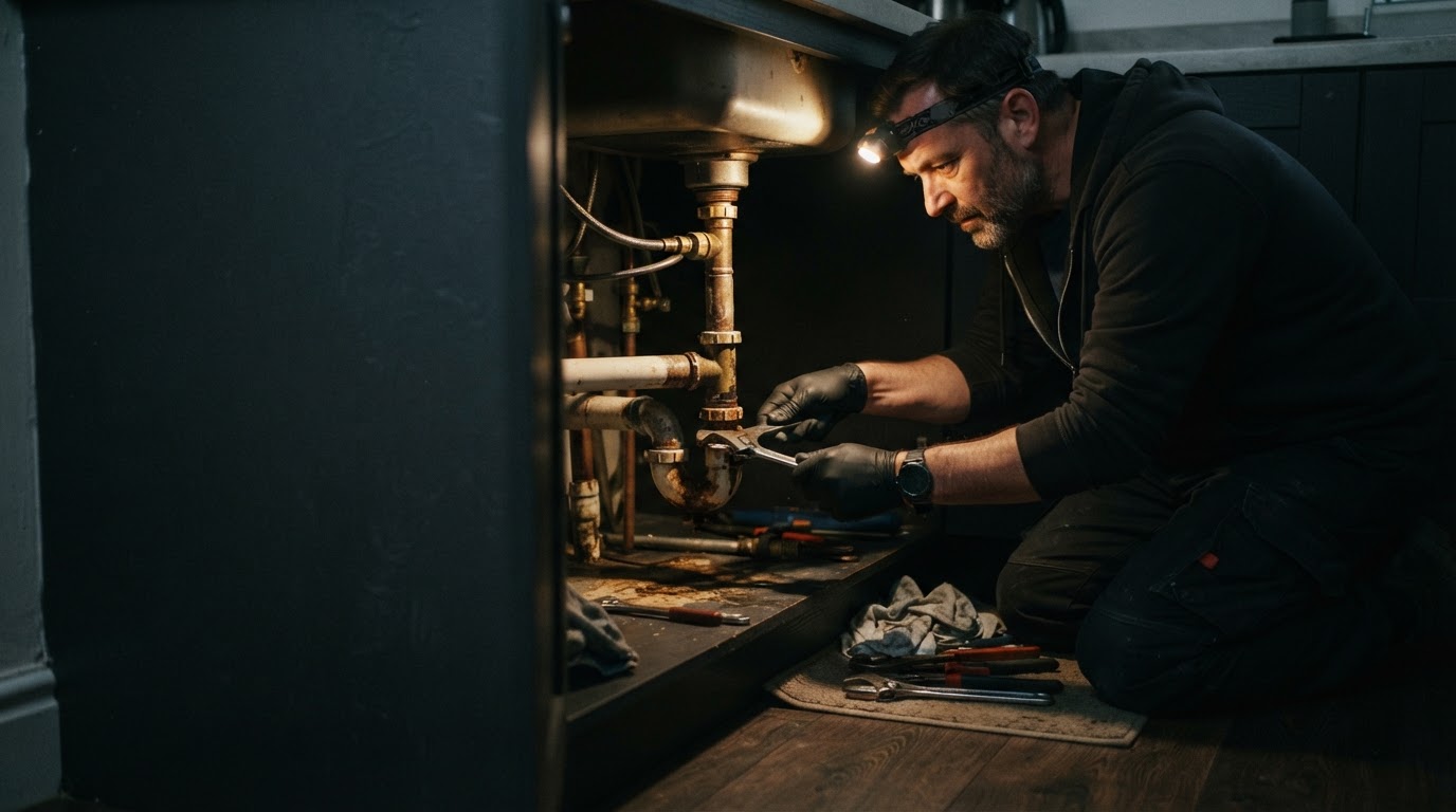 Emergency plumber working under a sink in Brighton