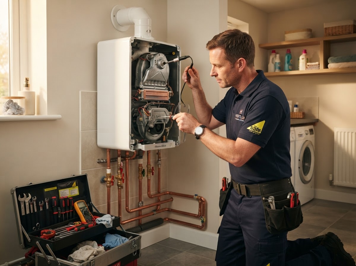 Gas Safe engineer repairing a boiler in a Lewes cottage