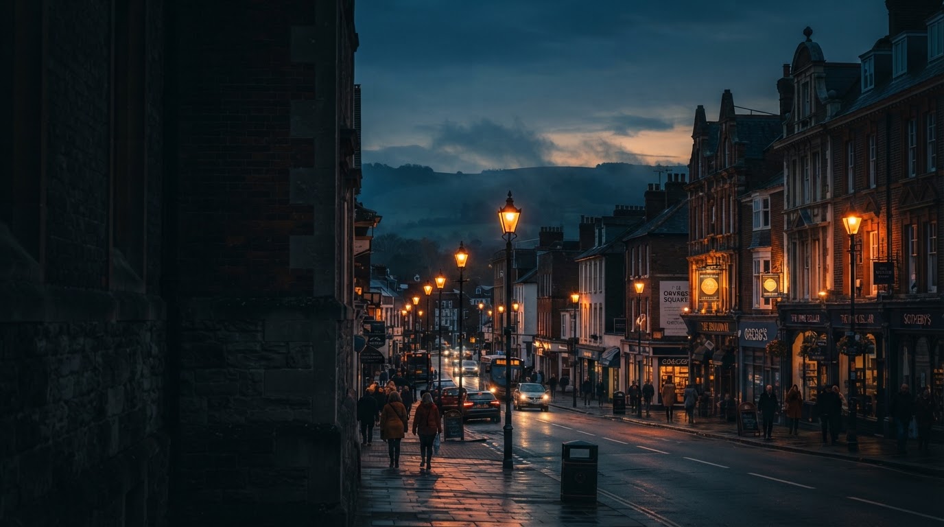 Haywards Heath town centre at dusk in Mid Sussex
