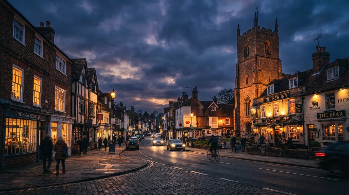 Hurstpierpoint village High Street at dusk with historic Georgian buildings and church