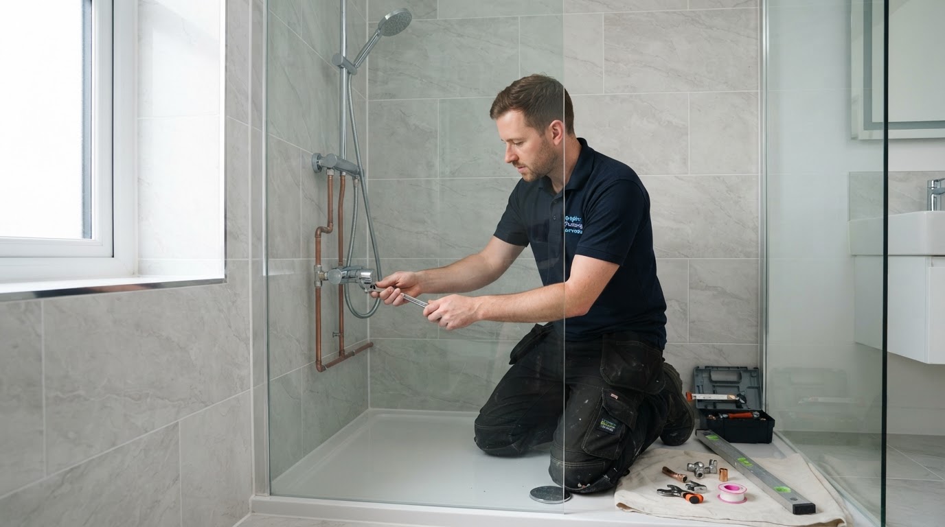 Plumber fitting a new shower in a Brighton home