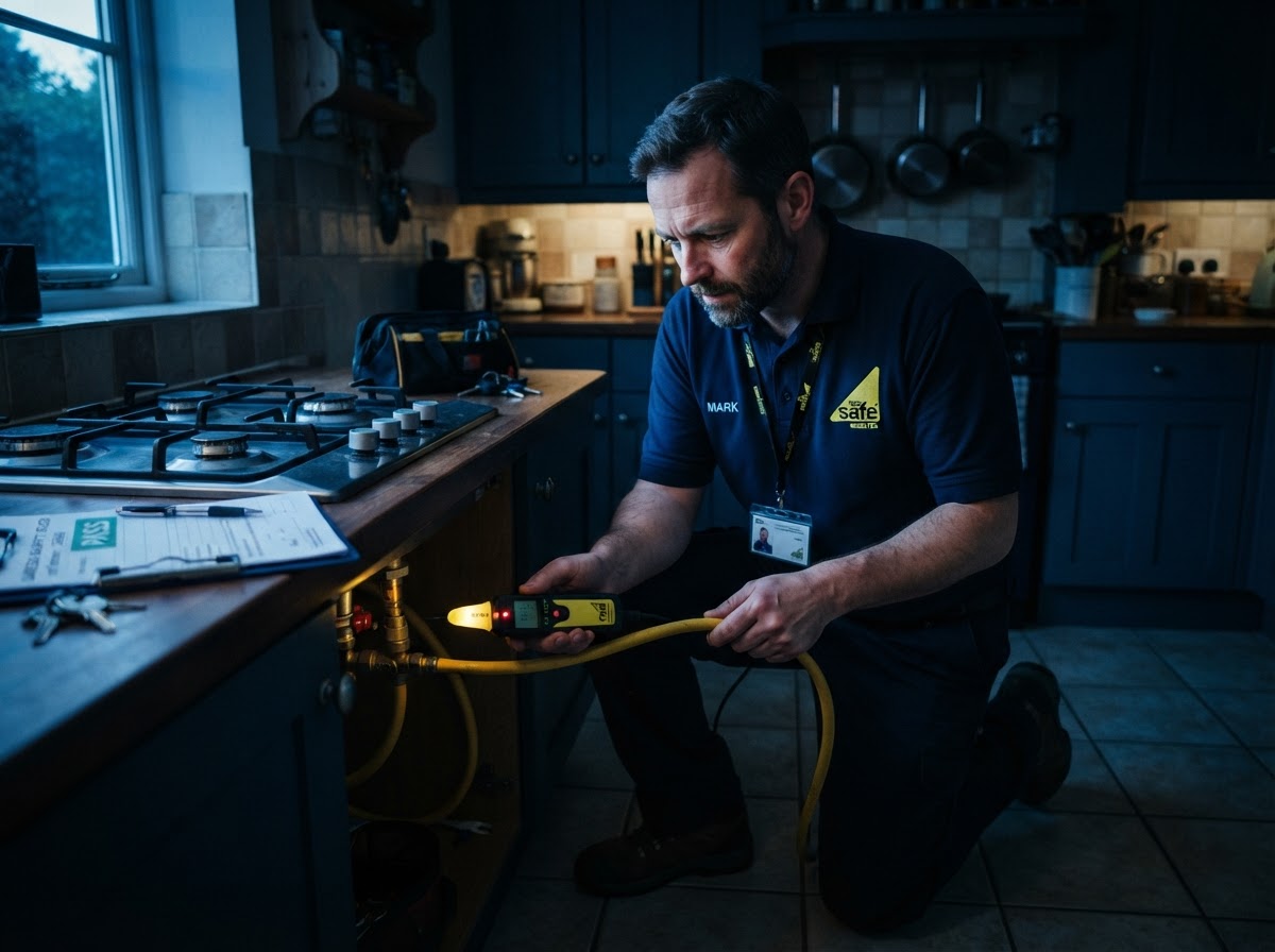 Gas Safe engineer inspecting a gas hob and pipework during a landlord gas safety check in Brighton