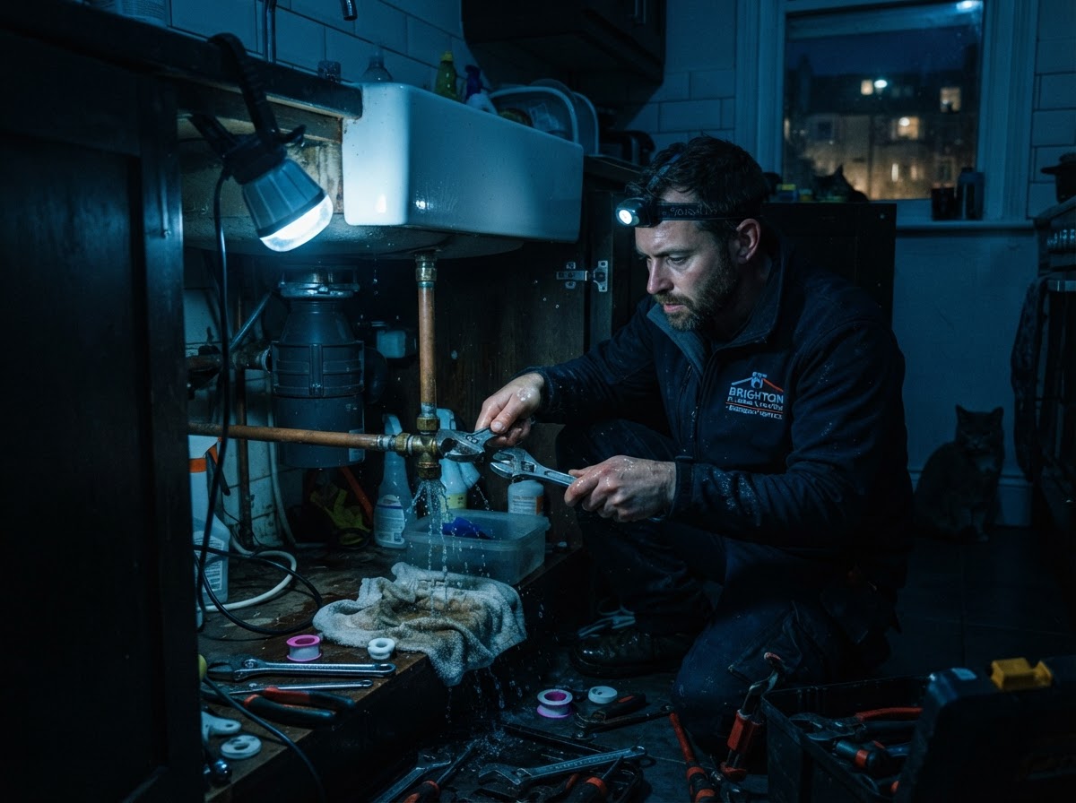 Emergency plumber fixing a leaking pipe joint in a Hove kitchen during a callout