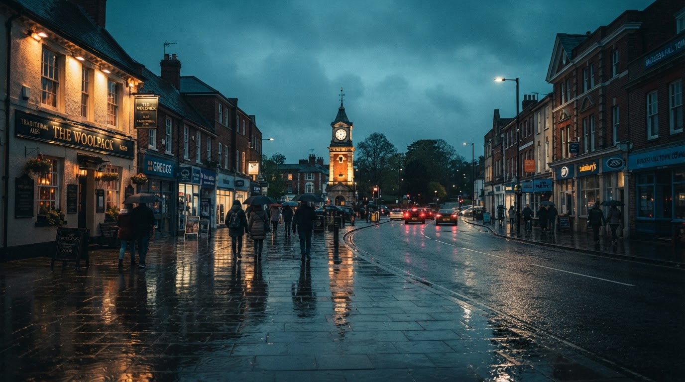 Burgess Hill town centre at dusk in West Sussex