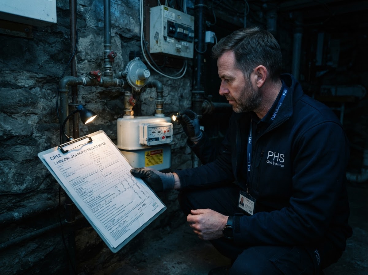 Engineer checking a gas meter during a CP12 landlord gas safety inspection in Hove