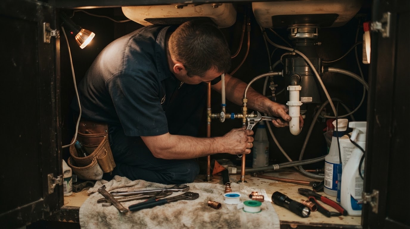 Plumber installing pipework under kitchen sink