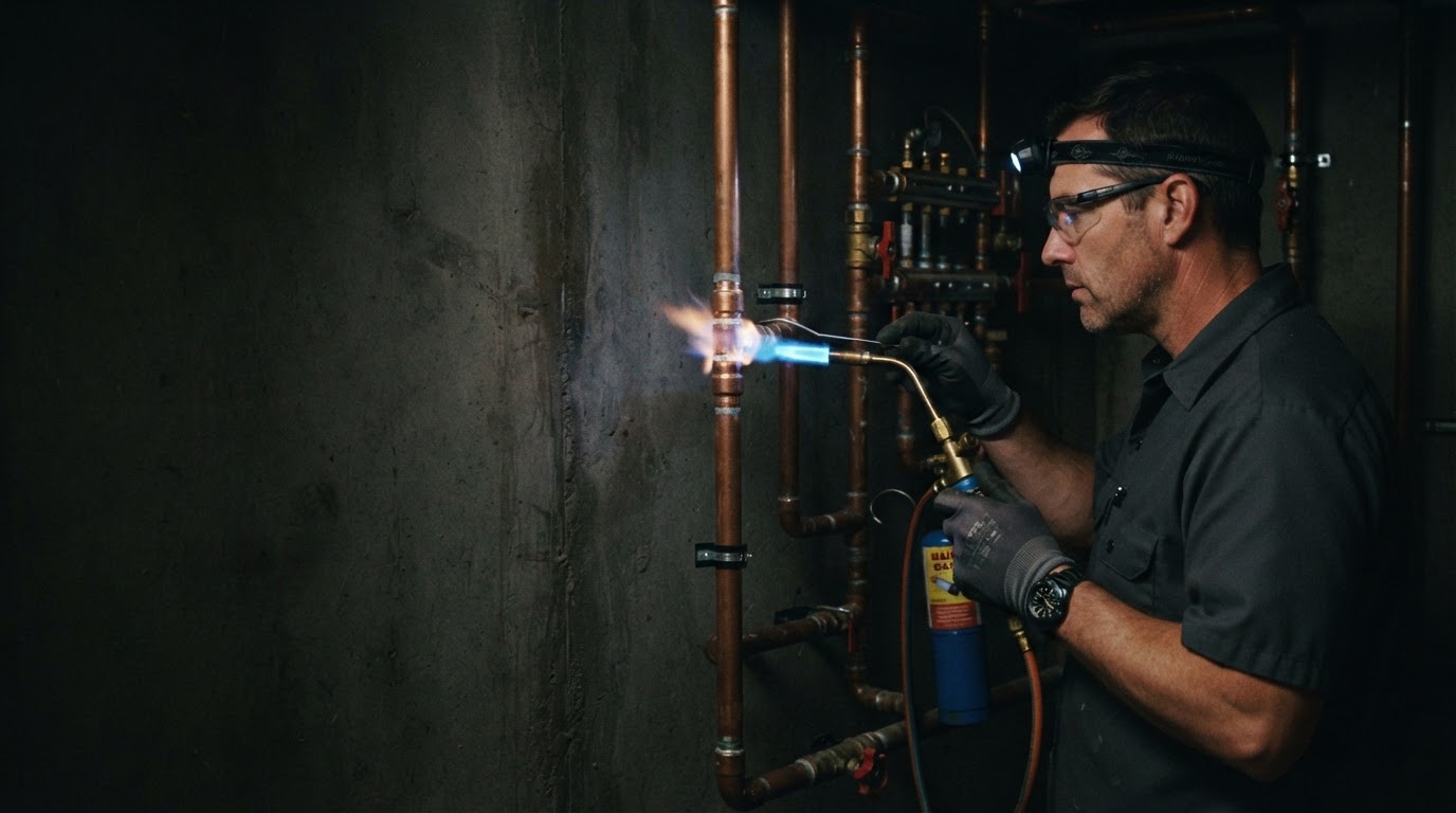 Plumber soldering copper pipework in Brighton