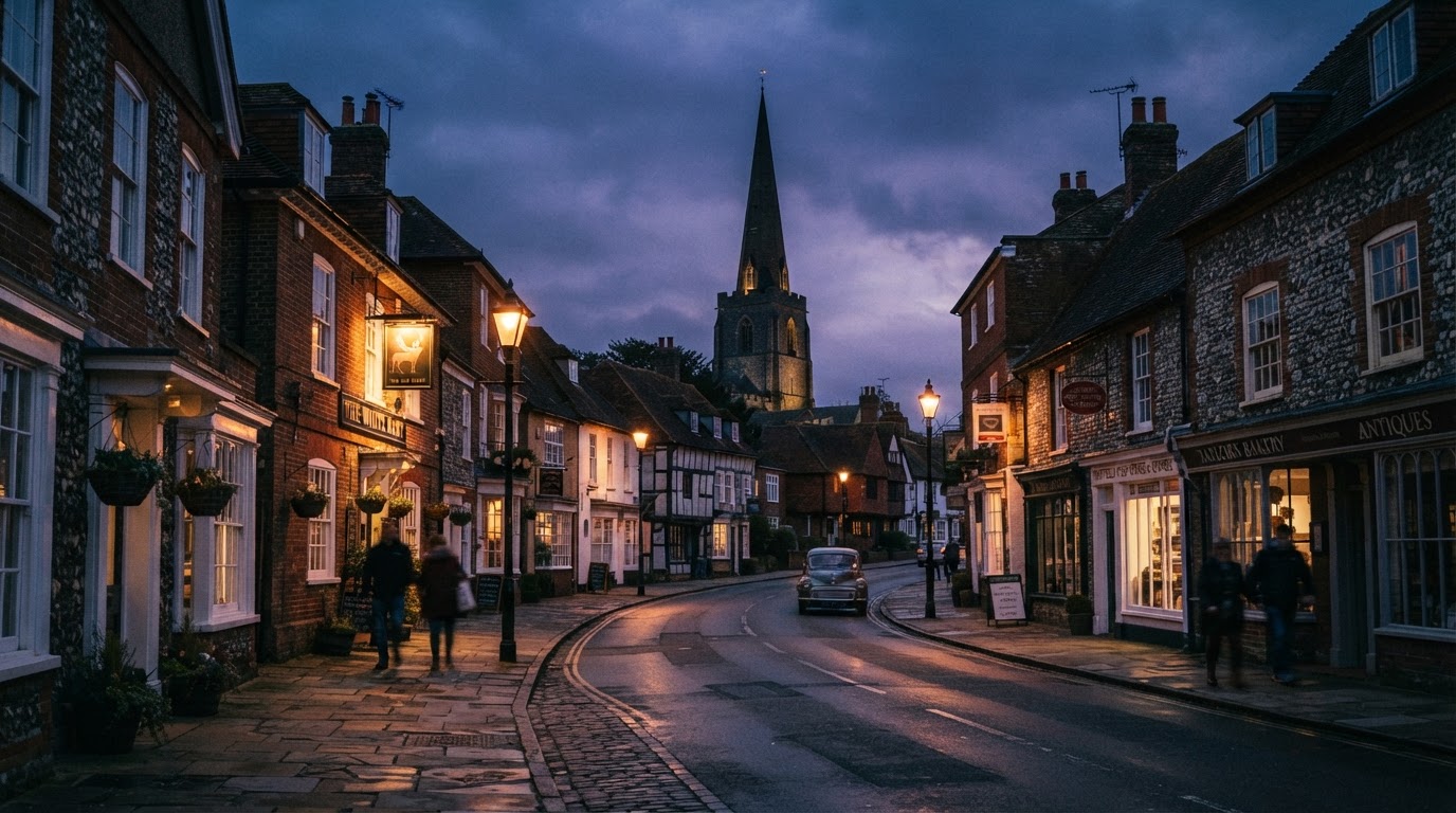 Henfield village High Street at dusk with historic Georgian buildings and countryside towards the Downs