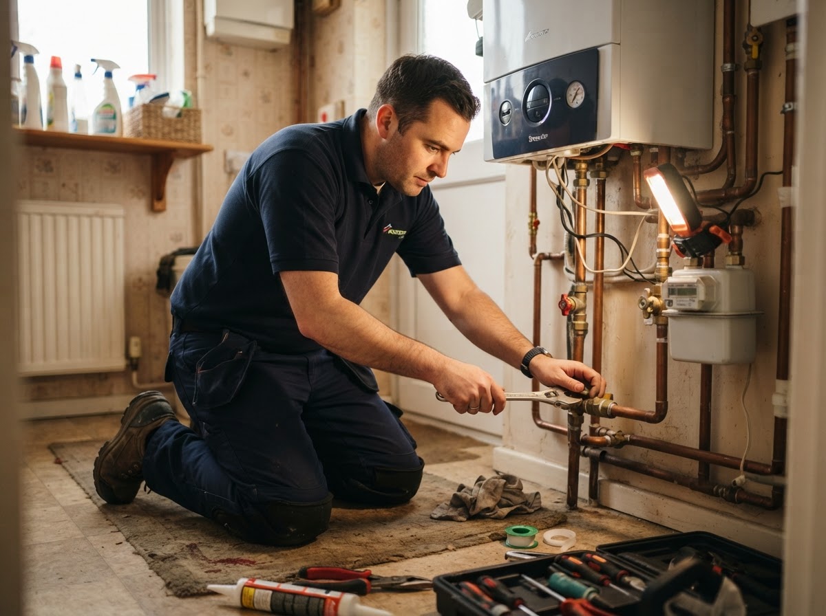 Gas Safe engineer working on a heating system in a Portslade home