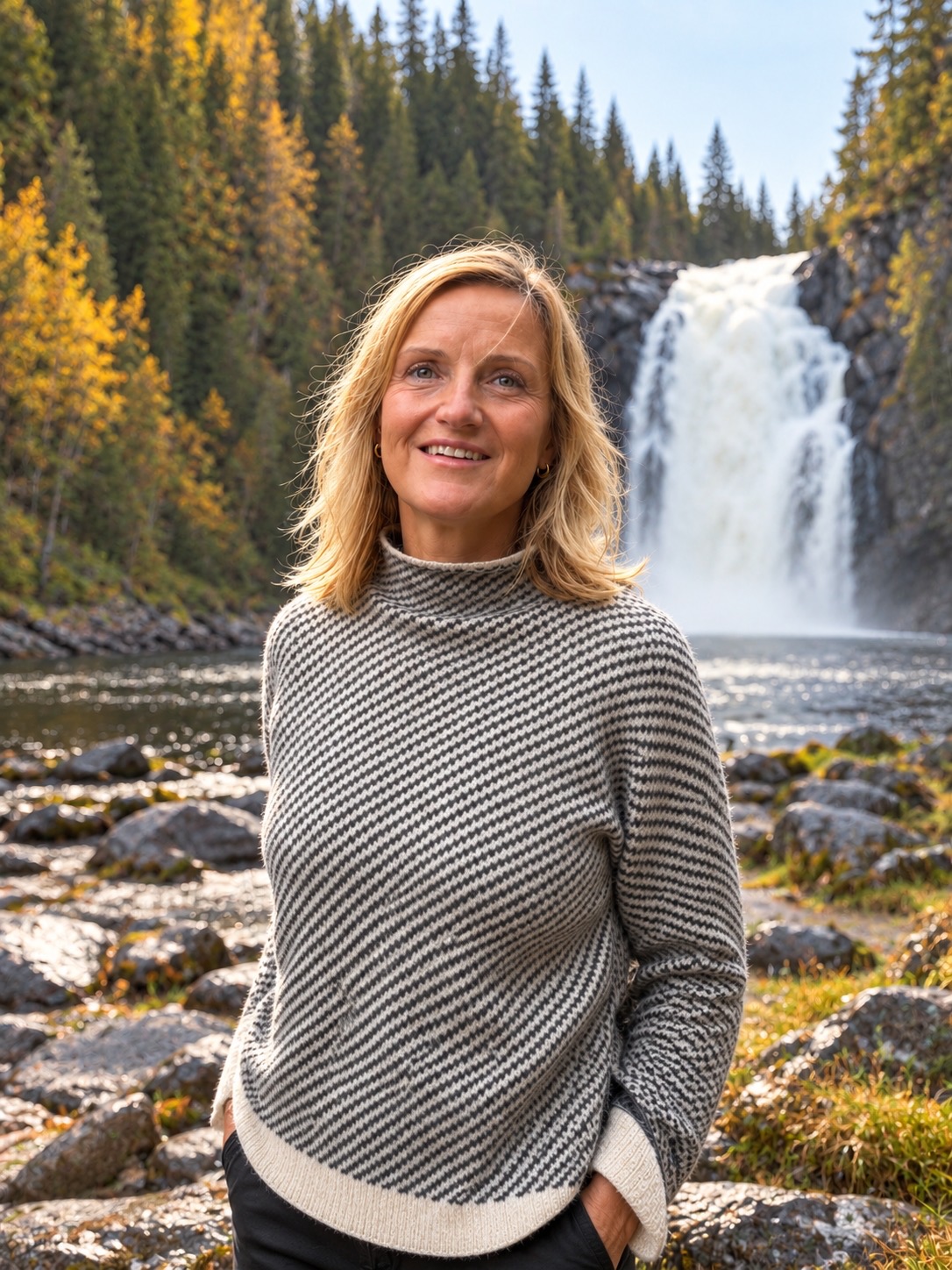 Portrett av Liv Heidi Paulsen foran fossen
