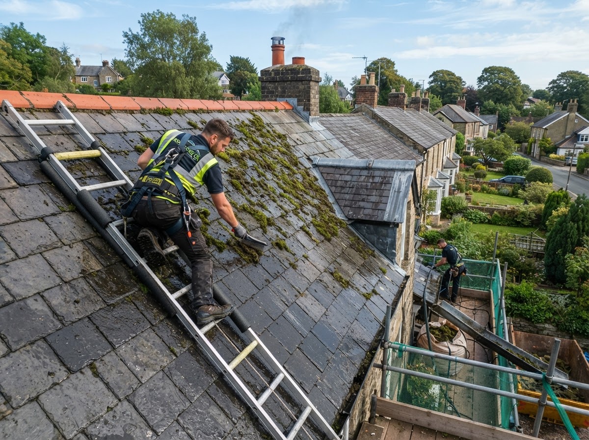 Moss build-up on roof tiles before removal