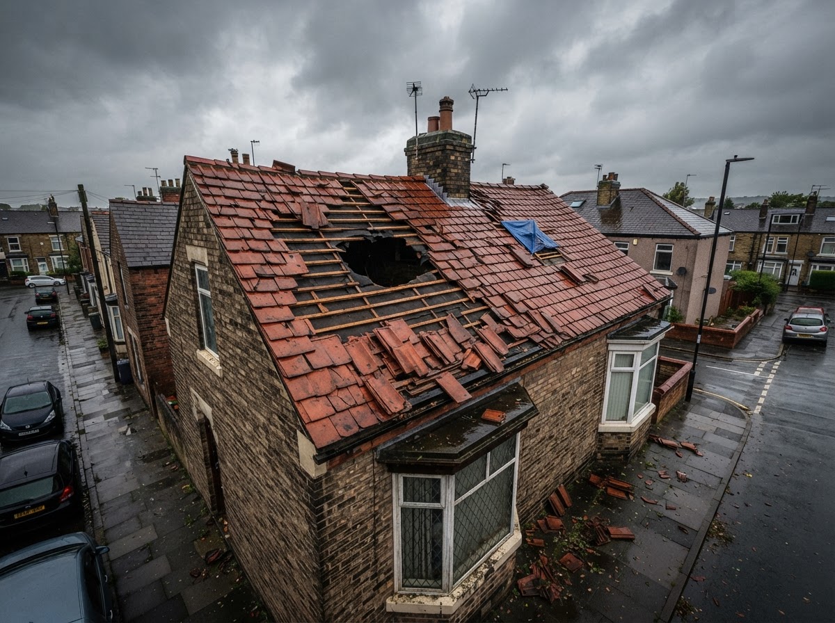 Damaged roof tiles awaiting repair on a British home