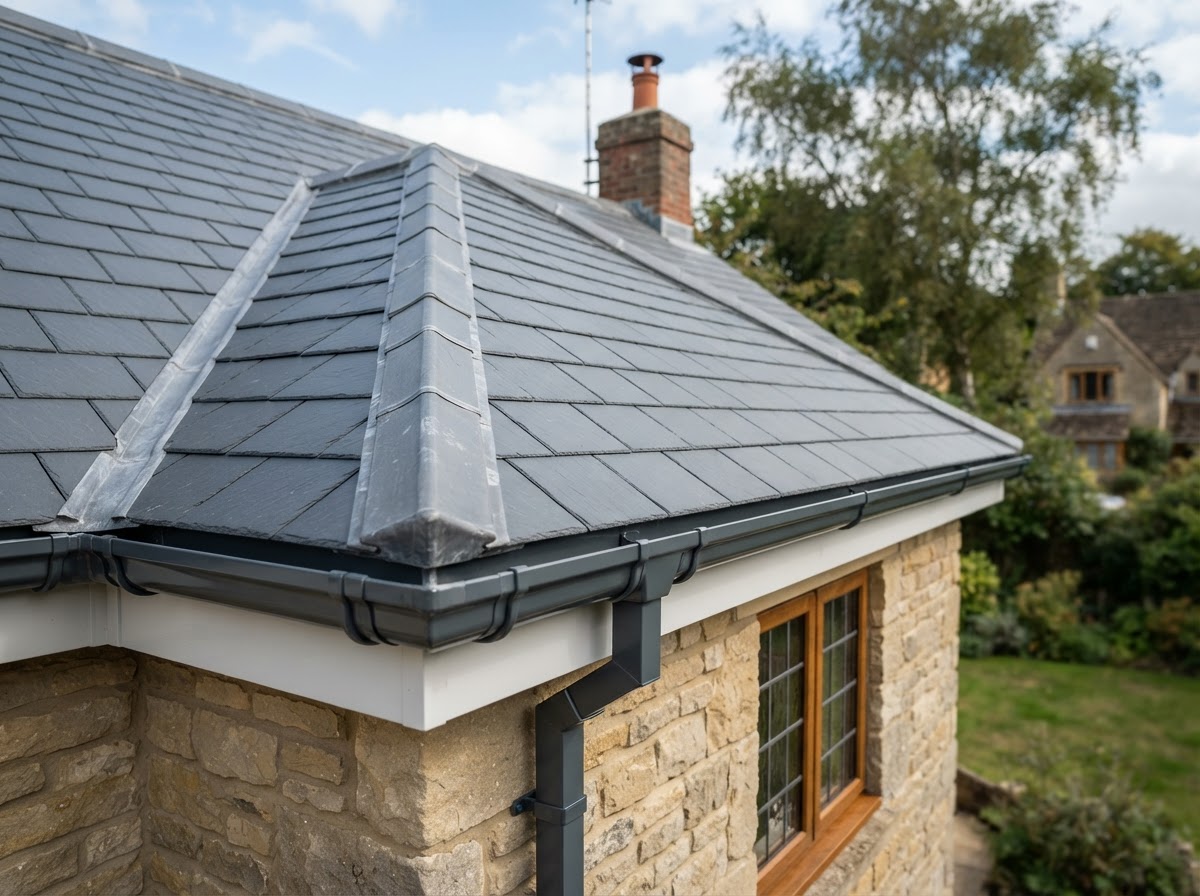 Well-maintained British residential roof with slate tiles and UPVC guttering