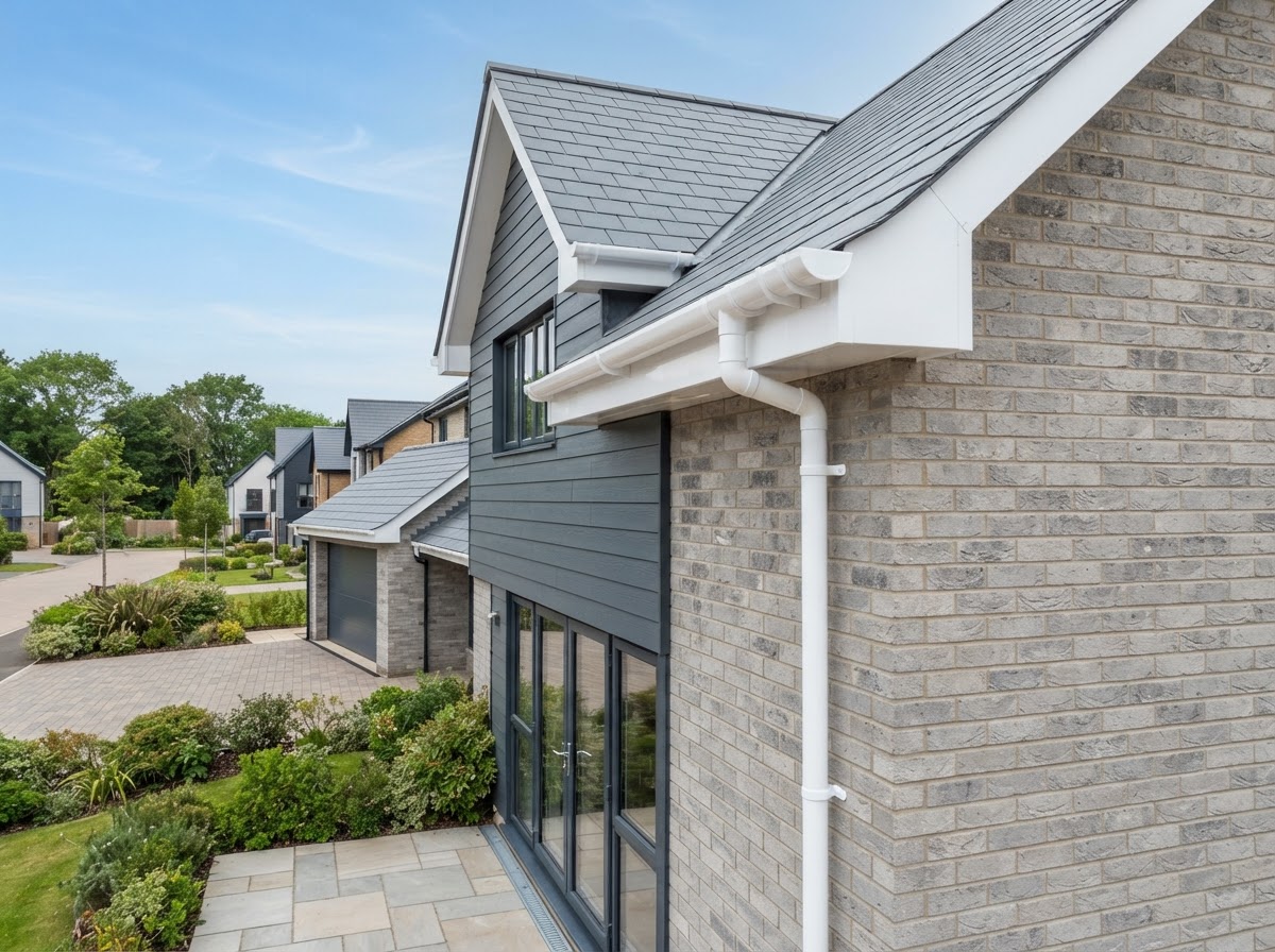 Clean UPVC guttering and downpipes on a British house