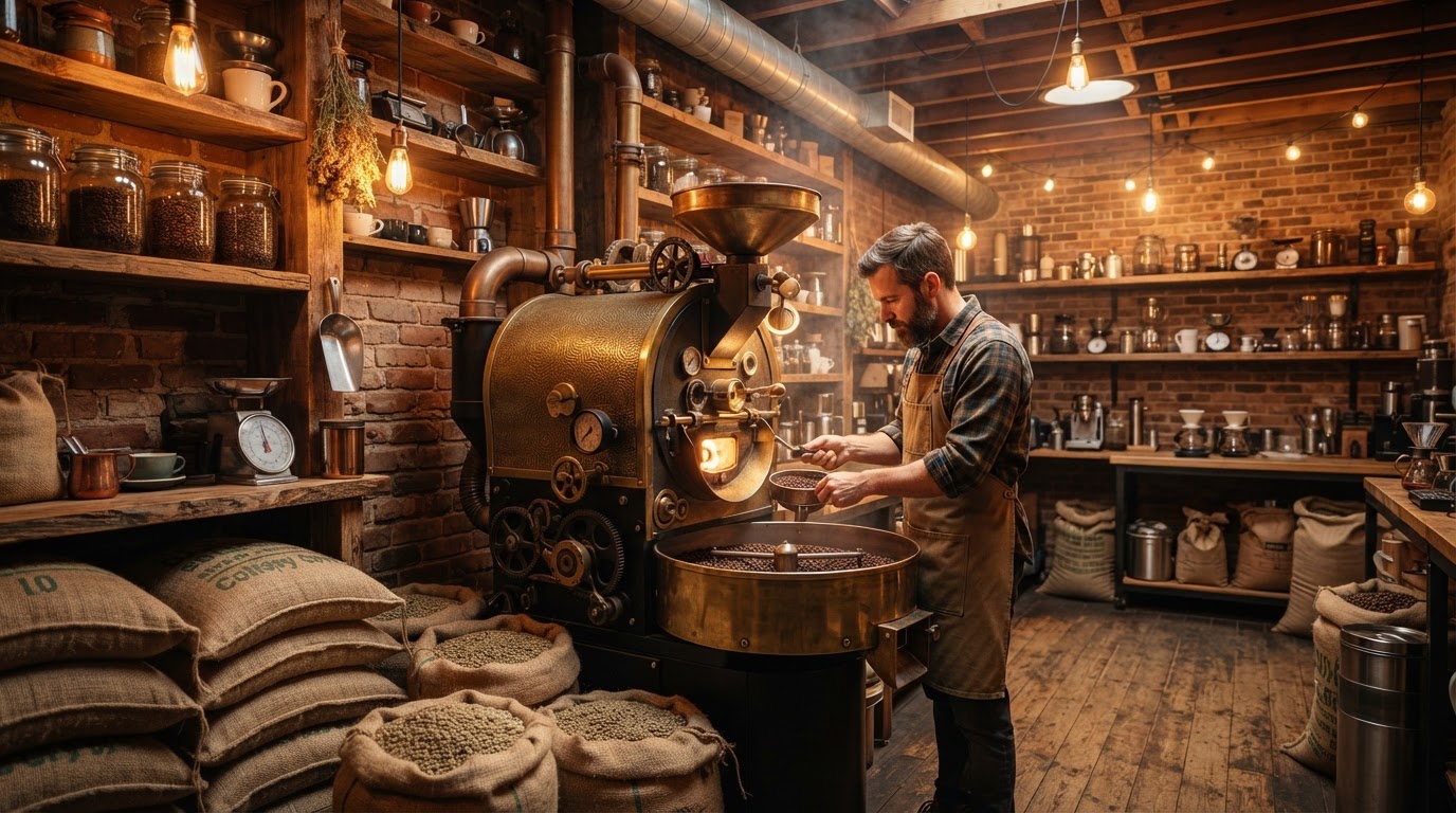 Ember & Oak craft roastery interior with a drum coffee roaster