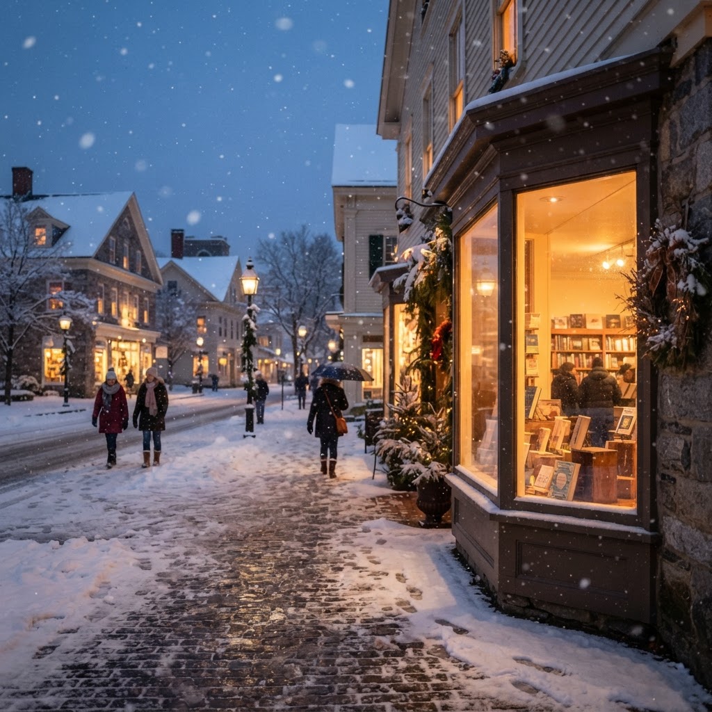 Snowy streets and a warm window. Take your time, then stop in for a cup.