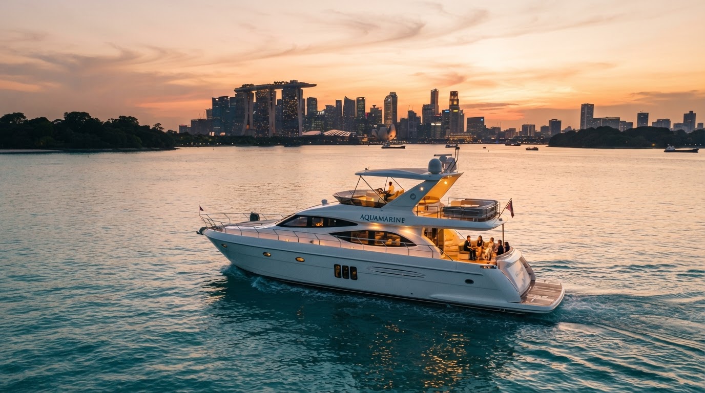 Luxury yacht cruising near Singapore's Southern Islands at sunset