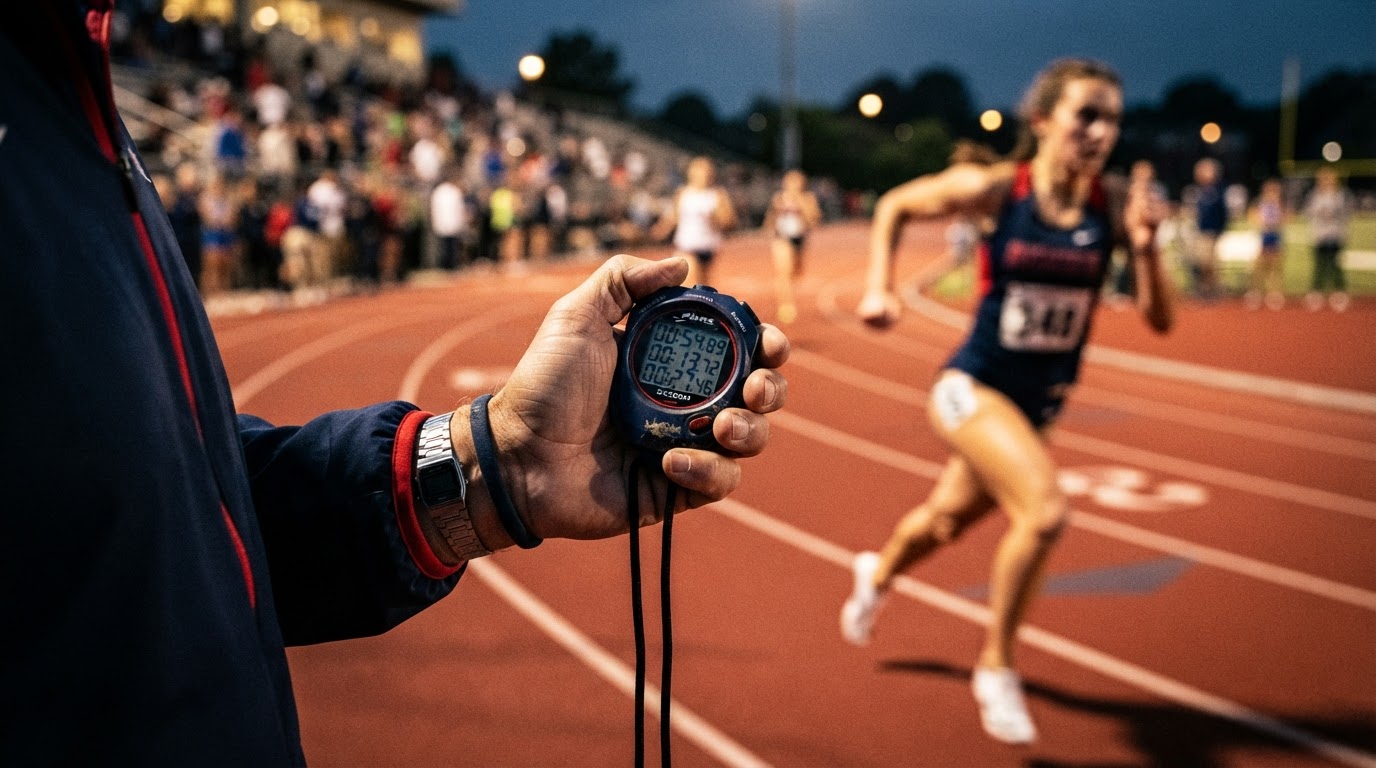 Close-up of a coach's hand holding a stopwatch on a track, timing an athlete
