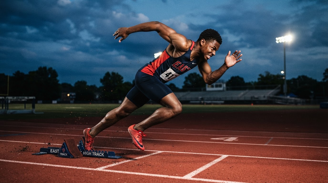 High school athlete doing speed interval training with starting blocks on a track