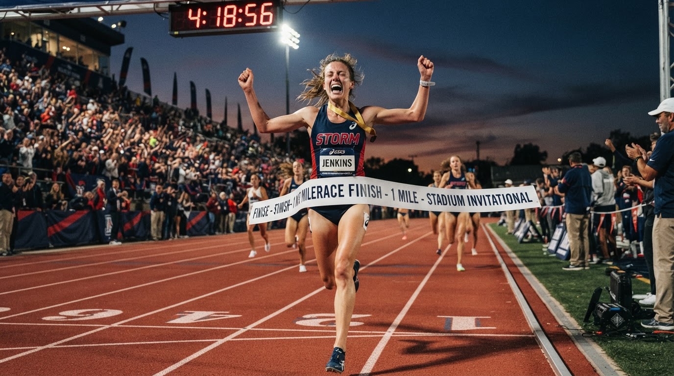 Runner crossing the finish line of a mile race on an outdoor track