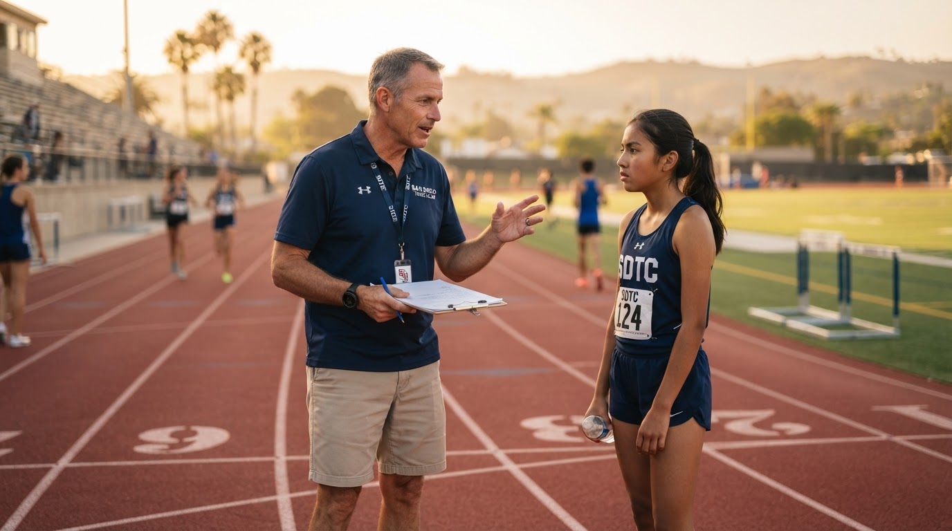 Middle distance runner focused at the start line before a race