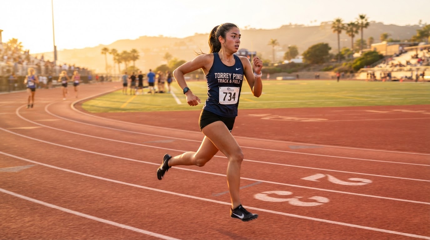 Middle distance runner competing in an 800m race on an outdoor track