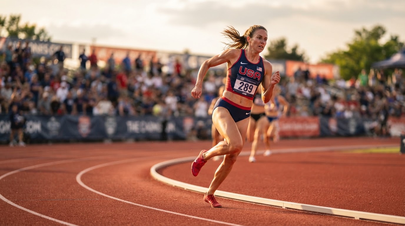 Middle distance runner leaning into a curve during an 800m race