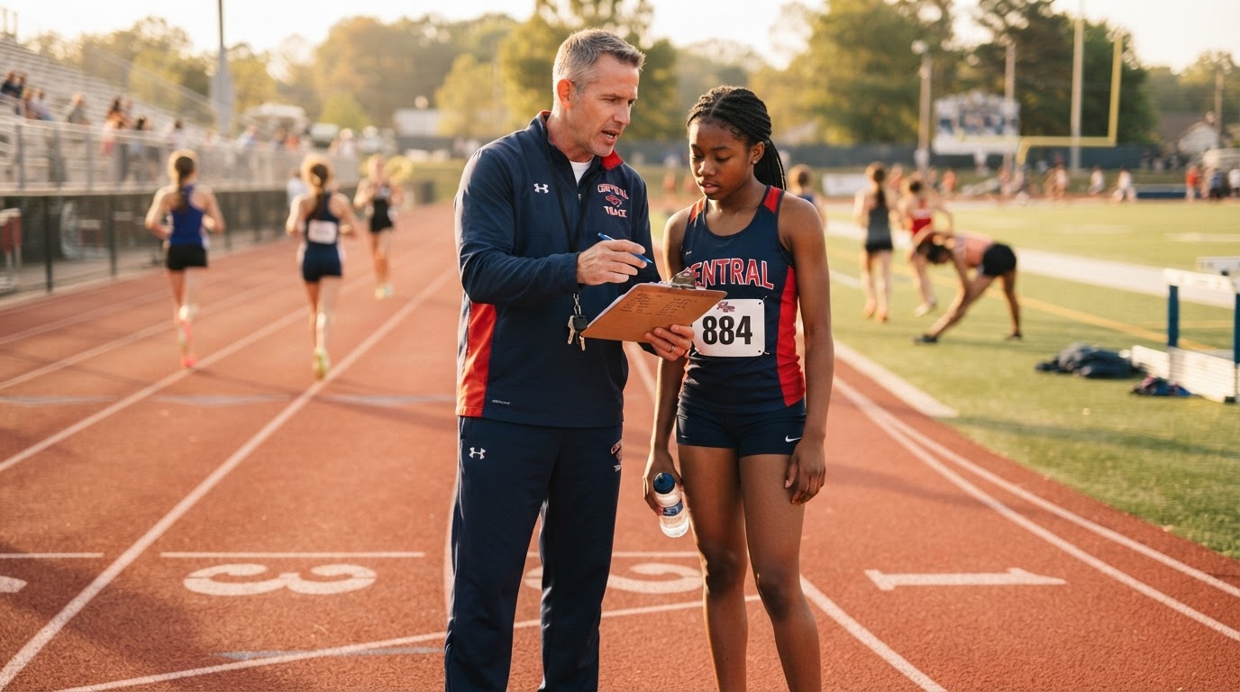 Track coach speaking one-on-one with a young athlete on an outdoor track
