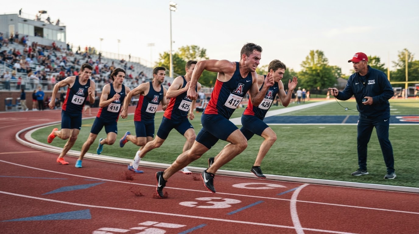 Group of track athletes training together on an outdoor track with a coach watching