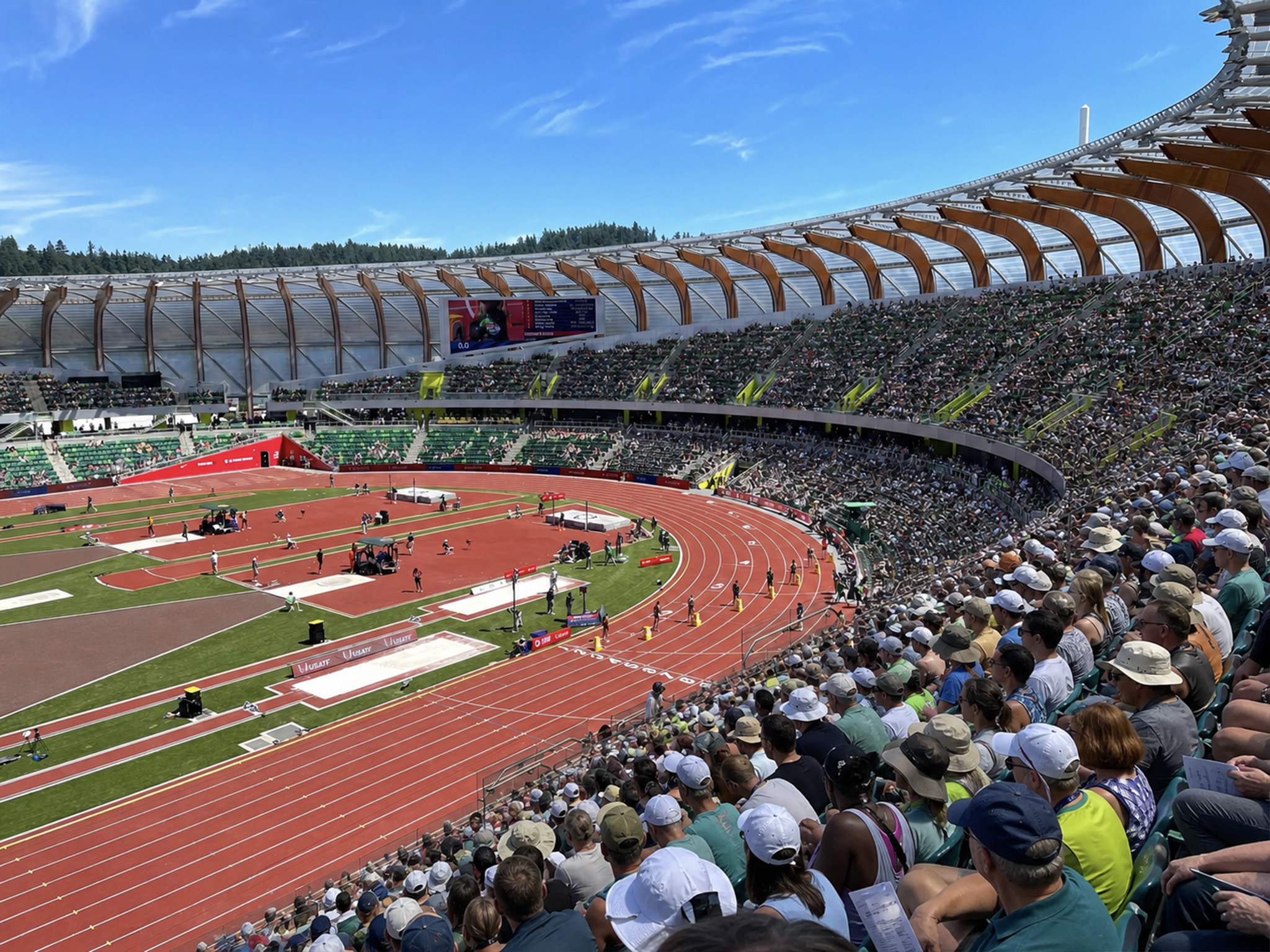 Hayward Field championship track stadium filled with spectators during competition