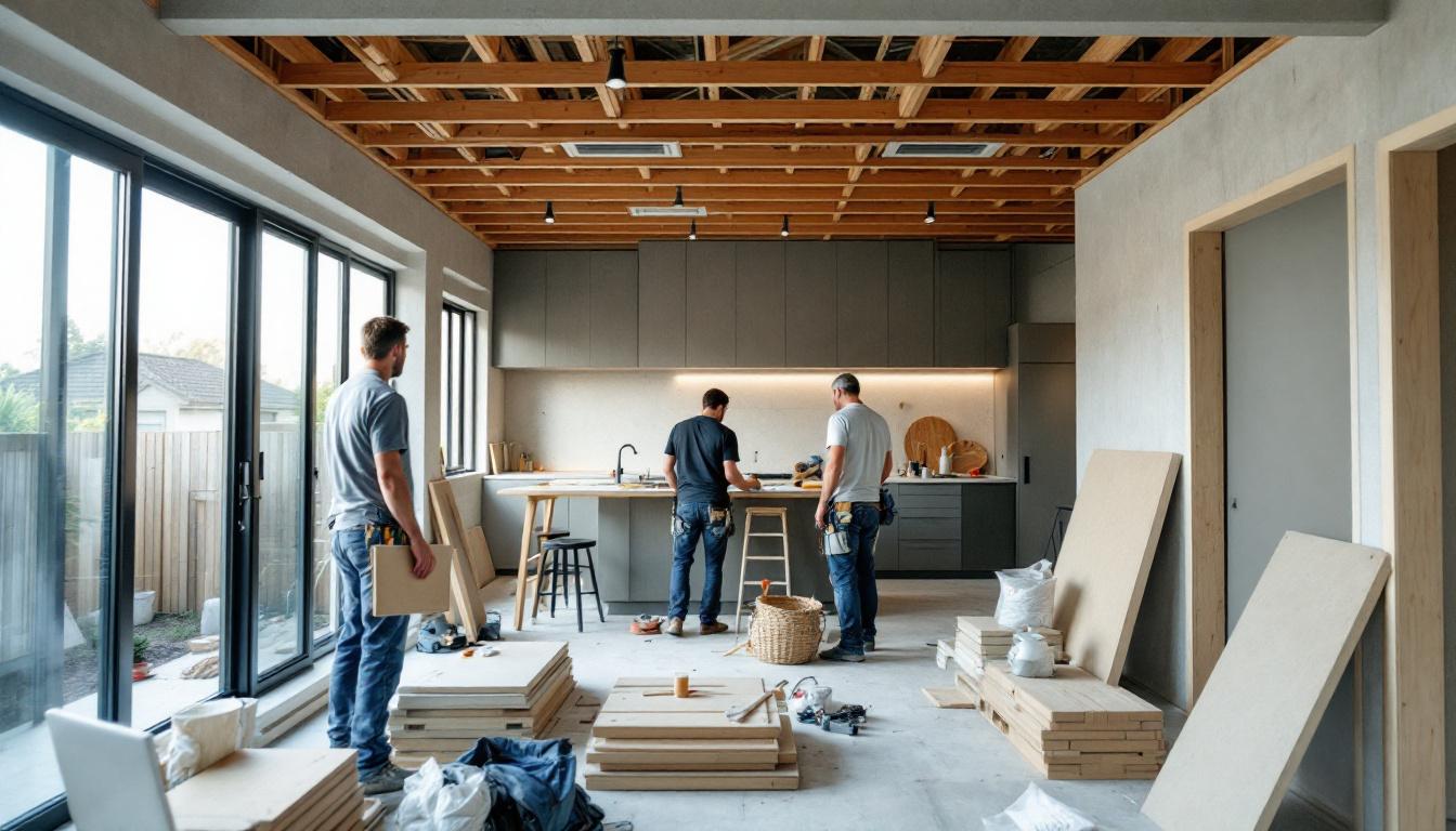 Carpenters and renovation team crafting bespoke cabinetry on site