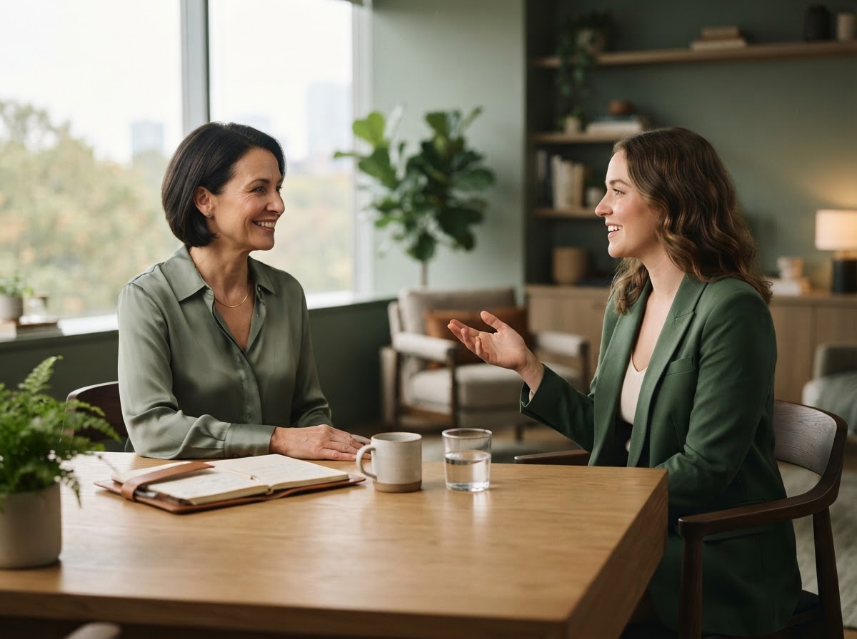 Two professionals having a one-on-one conversation across a desk