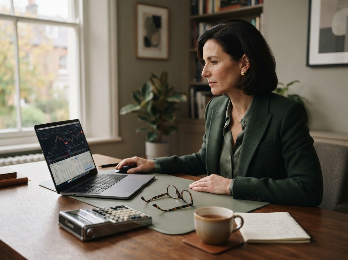 Professional reviewing financial reports and charts on a laptop