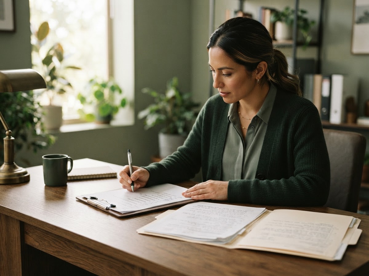 Professional reviewing a checklist on a clipboard beside folders